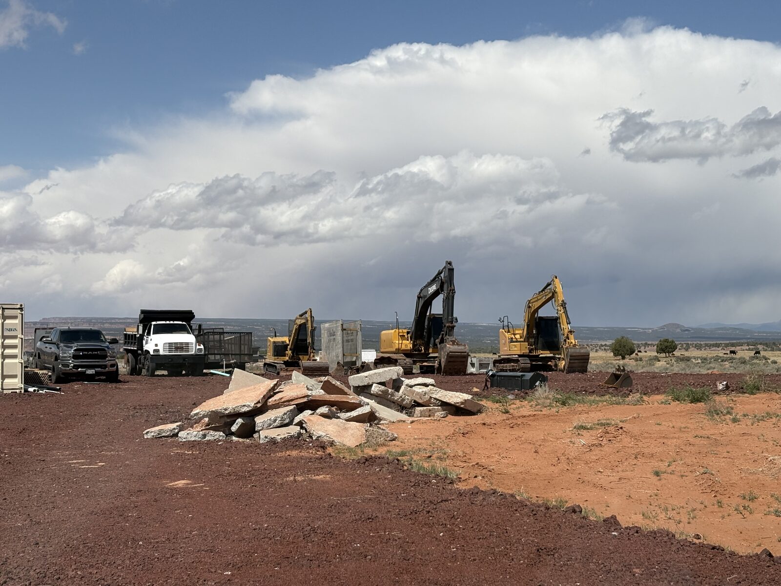 Roxor South yard with dump truck and excavators staged under wide Southern Utah sky